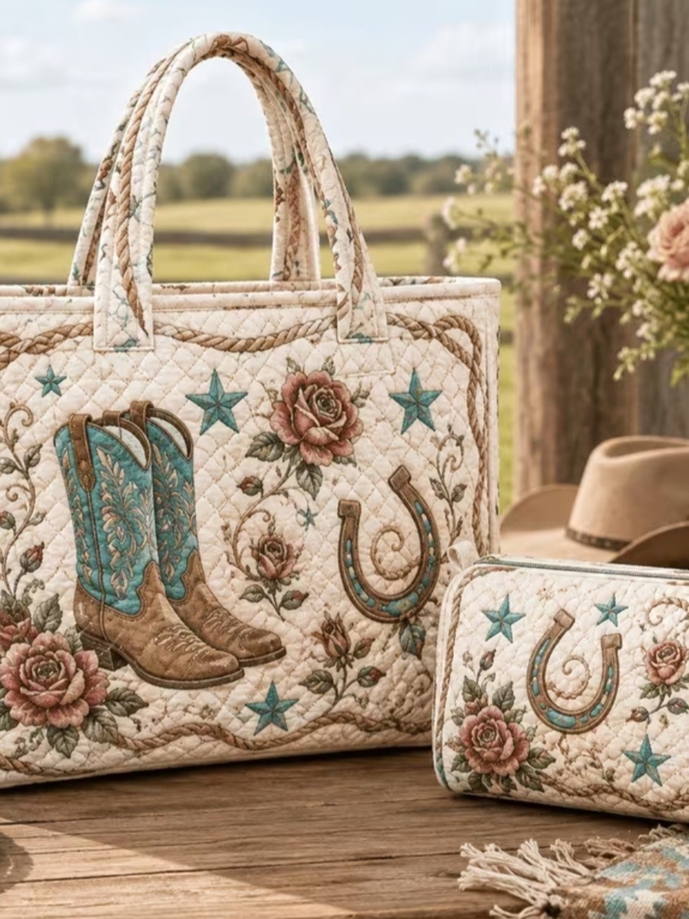 Quilted Western Tote Bag and Cosmetic Bag Set - Cream with Turquoise Accents